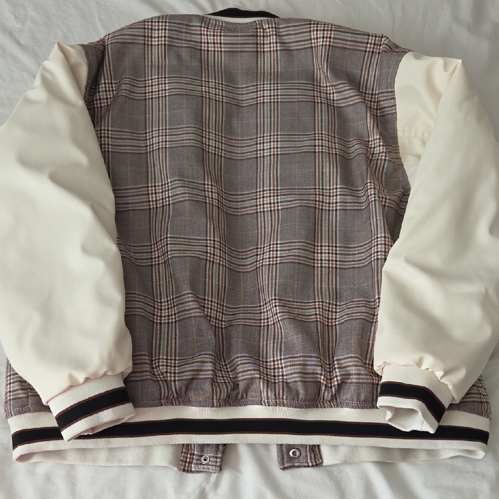 H&M Gray Plaid Varsity Jacket with Cream Sleeves - Picture 3 of 8